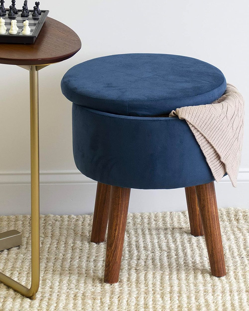 Blue Round Storage Ottoman with Tray